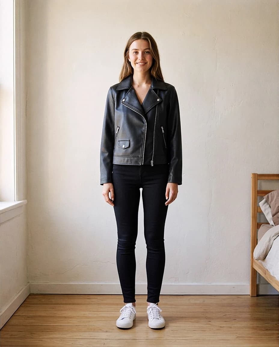 The same sample person, dressed by Peeklyn in a red going-out top, black skinny jeans and a black leather jacket.