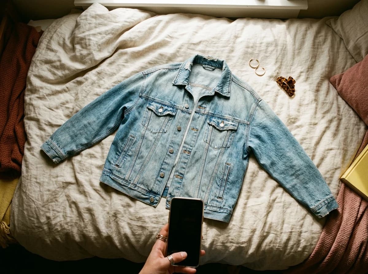A denim jacket laid flat on an unmade bed, photographed from above with a phone.