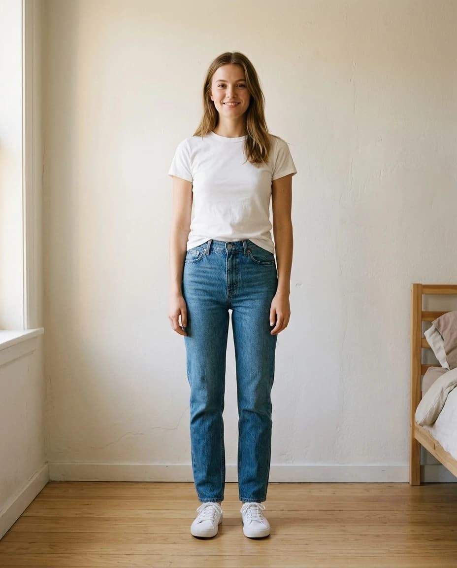 A sample person in a plain white t-shirt and jeans, standing in front of a bare wall — the photo a try-on starts from.
